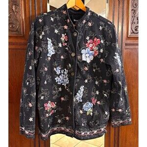Vintage Denim & Co Black Floral Embroidered Jacket Mandarin Collar Medium A62134